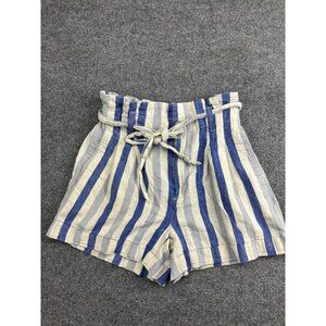 Madewell Shorts Womens 0 Blue White Striped Paperbag High Rise Linen Blend Tie